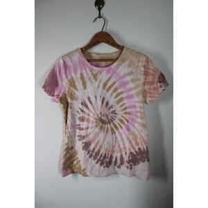 Lands End M Pink Tan Tie Dye Spiral Cotton Short Sleeve T-Shirt Top 475582